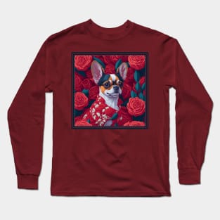 Dogs, Chihuahua and flowers, dog, seamless print, style vector (red version Chihuahua) Long Sleeve T-Shirt